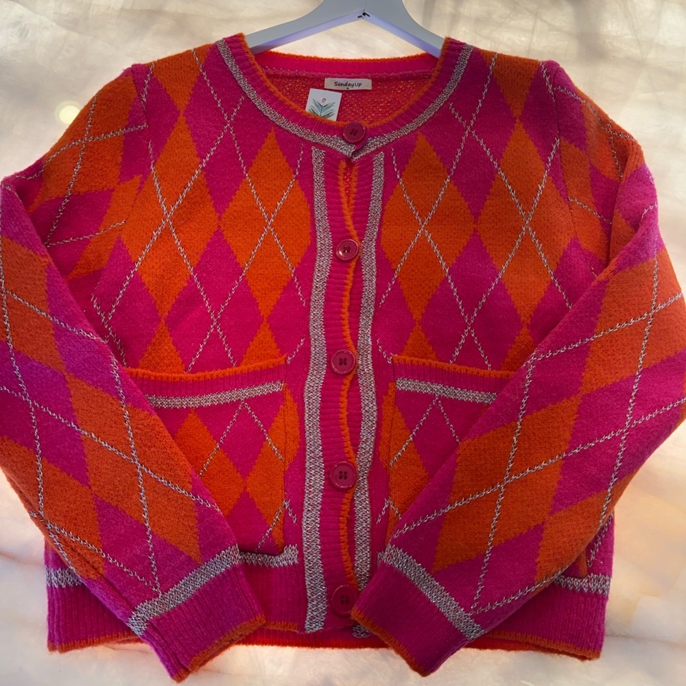 Sunday Pink and Orange Argyle Cardigan
